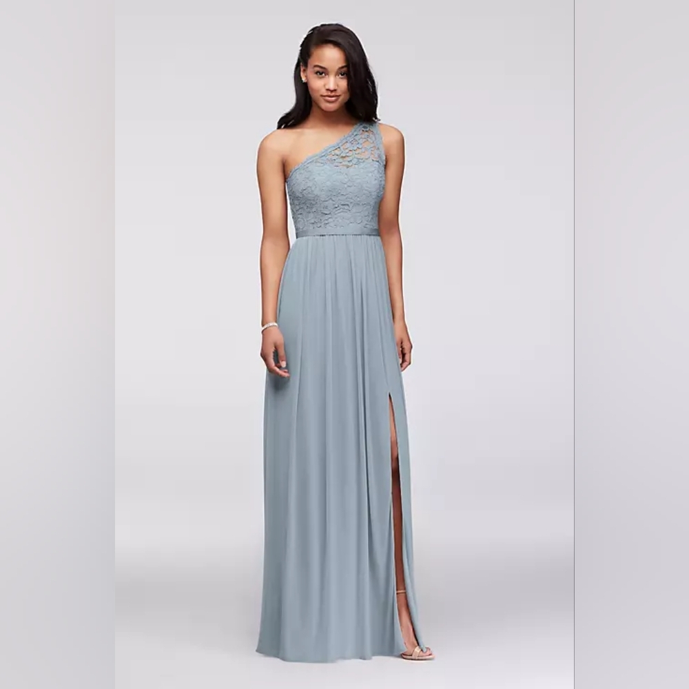 Dusty blue lace bridesmaid dress with long mesh skirt by davids bridal